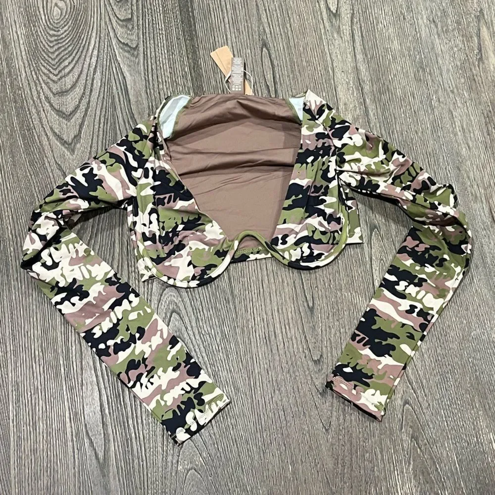 NWT Skims Recycled Swim Long Sleeve Underwire Top Deep Plunge Neck Camo XXS